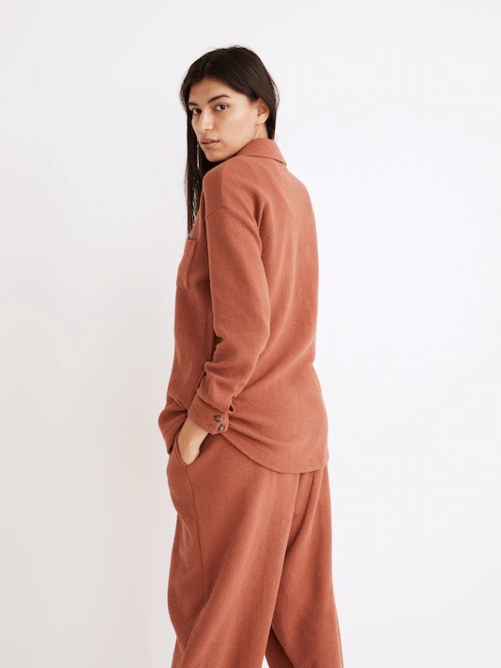 Madewell Textural Knit Shirt-Jacket Weathered Brick Rust Orange XS - Picture 4 of 13